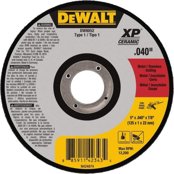DeWALT - 5" Ceramic Cutoff Wheel - 0.04" Thick, 7/8" Arbor, 12,200 Max RPM, Use with Angle Grinders - Americas Industrial Supply