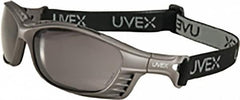 Uvex - Gray Lenses, Framed Safety Glasses - Anti-Fog, Black Polycarbonate Frame, Adjustable Temples, Size Universal, Wrap Around - Americas Industrial Supply