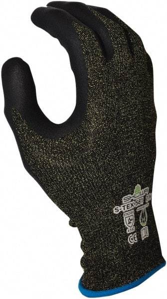 SHOWA - Size M (7), ANSI Cut Lvl A5, Abrasion Lvl 4, Foam Nitrile Coated Polyester/Nylon/Stainless Steel/Kevlar Cut Resistant Gloves - Palm & Fingertips Coated, Knit Wrist, Black/Salt & Pepper, Paired - Americas Industrial Supply
