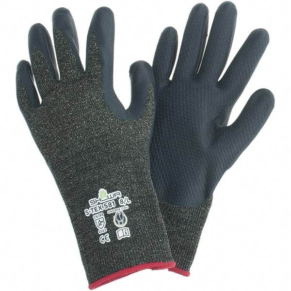 SHOWA - Size L (8), ANSI Cut Lvl A5, Abrasion Lvl 4, Foam Nitrile Coated Polyester/Nylon/Stainless Steel/Kevlar Cut Resistant Gloves - Palm & Fingertips Coated, Knit Wrist, Black/Salt & Pepper, Paired - Americas Industrial Supply