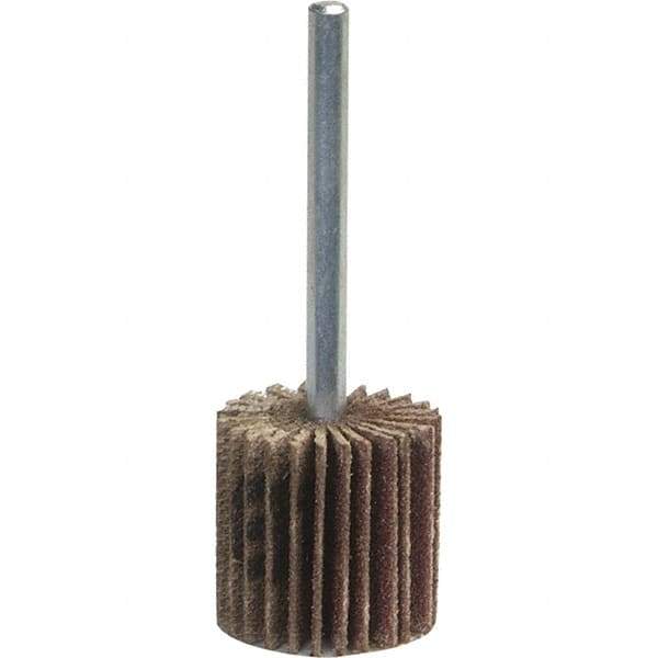 Norton - 1-1/2" Diam x 1-1/2" Face Width, Medium Aluminum Oxide Coated Mounted Flap Wheel - 1/4" Shank Mount, 120 Grit, Y Weighted Cloth Backing, 25,000 Max RPM - Americas Industrial Supply