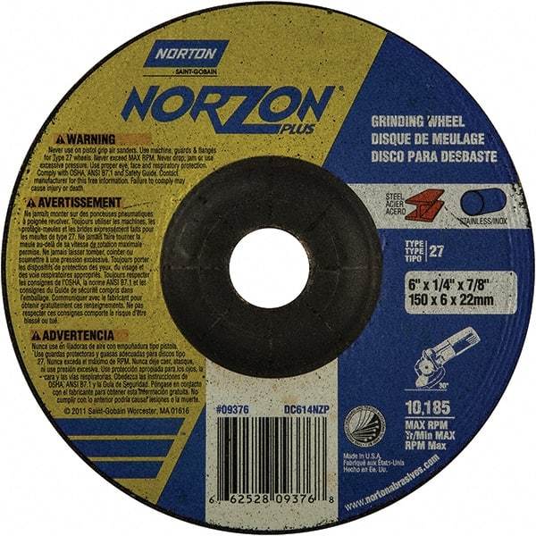 Norton - 20 Grit, 6" Wheel Diam, 1/4" Wheel Thickness, 7/8" Arbor Hole, Type 27 Depressed Center Wheel - Extra Coarse Grade, Ceramic, 10,185 Max RPM - Americas Industrial Supply