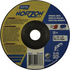 Norton - 20 Grit, 6" Wheel Diam, 1/4" Wheel Thickness, 7/8" Arbor Hole, Type 27 Depressed Center Wheel - Extra Coarse Grade, Ceramic, 10,185 Max RPM - Americas Industrial Supply