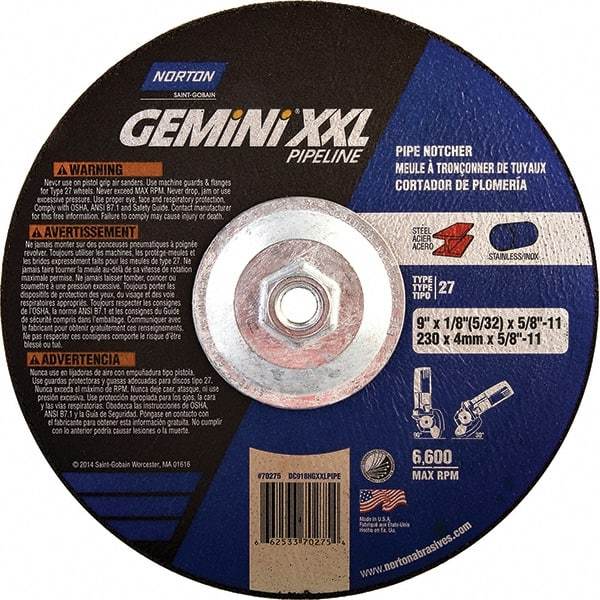 Norton - 30 Grit, 9" Wheel Diam, 1/8" Wheel Thickness, Type 27 Depressed Center Wheel - Extra Coarse Grade, Aluminum Oxide, 6,600 Max RPM - Americas Industrial Supply