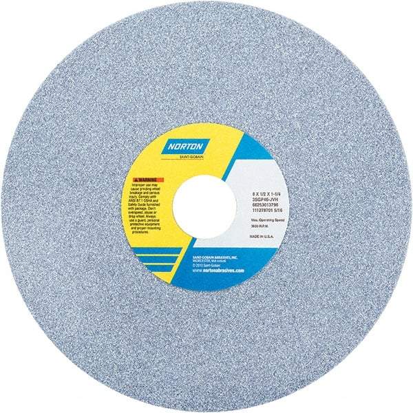 Norton - 8" Diam x 1-1/4" Hole x 1/2" Thick, J Hardness, 46 Grit Surface Grinding Wheel - Ceramic, Type 1, Coarse Grade, 3,600 Max RPM - Americas Industrial Supply