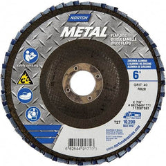 Norton - 40 Grit, 6" Disc Diam, 7/8" Center Hole, Type 27 Zirconia Alumina Flap Disc - 10,200 Max RPM, Fiberglass Backing, Arbor Attaching System, Coated - Americas Industrial Supply