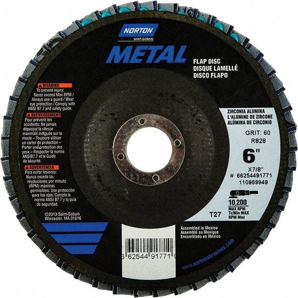 Norton - 60 Grit, 6" Disc Diam, 7/8" Center Hole, Type 27 Zirconia Alumina Flap Disc - 10,200 Max RPM, Fiberglass Backing, Arbor Attaching System, Coated - Americas Industrial Supply