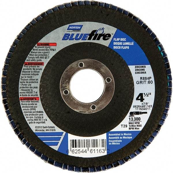 Norton - 24 Grit, 4-1/2" Disc Diam, 7/8" Center Hole, Type 29 Zirconia Alumina Flap Disc - 13,300 Max RPM, Fiberglass Backing, Arbor Attaching System, Coated - Americas Industrial Supply