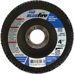 Norton - 24 Grit, 4-1/2" Disc Diam, 7/8" Center Hole, Type 29 Zirconia Alumina Flap Disc - 13,300 Max RPM, Fiberglass Backing, Arbor Attaching System, Coated - Americas Industrial Supply