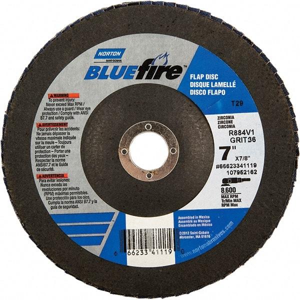 Norton - 24 Grit, 7" Disc Diam, 7/8" Center Hole, Type 29 Zirconia Alumina Flap Disc - 8,600 Max RPM, Fiberglass Backing, Arbor Attaching System, Coated - Americas Industrial Supply
