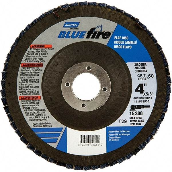 Norton - 80 Grit, 4" Disc Diam, 5/8" Center Hole, Type 29 Zirconia Alumina Flap Disc - 15,300 Max RPM, Fiberglass Backing, Arbor Attaching System, Coated - Americas Industrial Supply