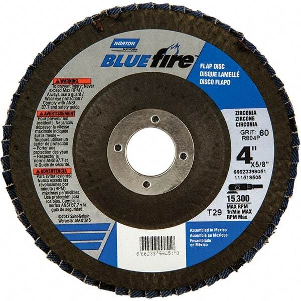 Norton - 60 Grit, 4" Disc Diam, 5/8" Center Hole, Type 29 Zirconia Alumina Flap Disc - 15,300 Max RPM, Fiberglass Backing, Arbor Attaching System, Coated - Americas Industrial Supply