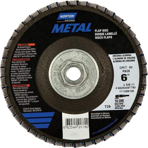 Norton - 60 Grit, 6" Disc Diam, 5/8-11 Center Hole, Type 29 Zirconia Alumina Flap Disc - 10,200 Max RPM, Fiberglass Backing, Arbor Attaching System, Coated - Americas Industrial Supply