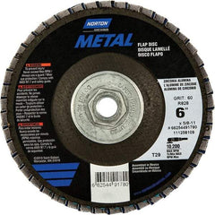 Norton - 60 Grit, 6" Disc Diam, 5/8-11 Center Hole, Type 29 Zirconia Alumina Flap Disc - 10,200 Max RPM, Fiberglass Backing, Arbor Attaching System, Coated - Americas Industrial Supply