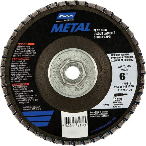Norton - 80 Grit, 6" Disc Diam, 5/8-11 Center Hole, Type 29 Zirconia Alumina Flap Disc - 10,200 Max RPM, Fiberglass Backing, Arbor Attaching System, Coated - Americas Industrial Supply