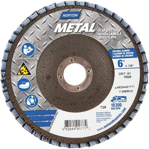 Norton - 60 Grit, 6" Disc Diam, 7/8" Center Hole, Type 29 Zirconia Alumina Flap Disc - 10,200 Max RPM, Fiberglass Backing, Arbor Attaching System, Coated - Americas Industrial Supply