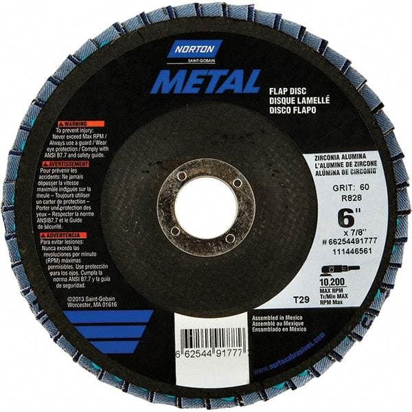 Norton - 40 Grit, 6" Disc Diam, 7/8" Center Hole, Type 29 Zirconia Alumina Flap Disc - 10,200 Max RPM, Fiberglass Backing, Arbor Attaching System, Coated - Americas Industrial Supply