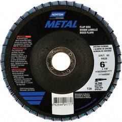 Norton - 40 Grit, 6" Disc Diam, 7/8" Center Hole, Type 29 Zirconia Alumina Flap Disc - 10,200 Max RPM, Fiberglass Backing, Arbor Attaching System, Coated - Americas Industrial Supply