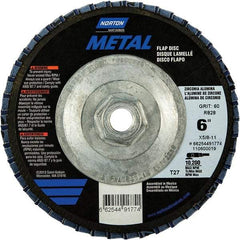 Norton - 80 Grit, 6" Disc Diam, 5/8-11 Center Hole, Type 27 Zirconia Alumina Flap Disc - 10,200 Max RPM, Fiberglass Backing, Arbor Attaching System, Coated - Americas Industrial Supply