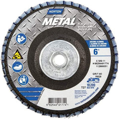 Norton - 60 Grit, 6" Disc Diam, 5/8-11 Center Hole, Type 27 Zirconia Alumina Flap Disc - 10,200 Max RPM, Fiberglass Backing, Arbor Attaching System, Coated - Americas Industrial Supply