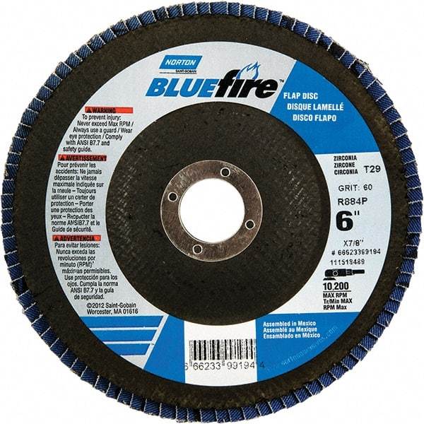 Norton - 60 Grit, 6" Disc Diam, 7/8" Center Hole, Type 29 Zirconia Alumina Flap Disc - 10,200 Max RPM, Fiberglass Backing, Arbor Attaching System, Coated - Americas Industrial Supply