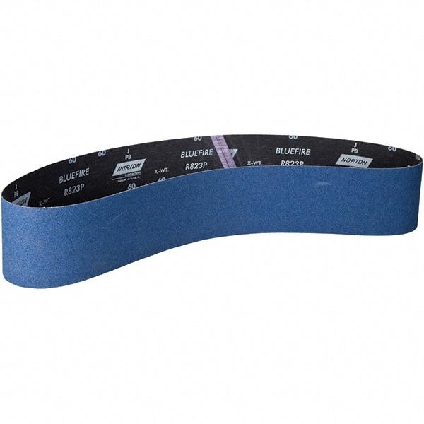 Norton - 4" Wide x 54" OAL, 60 Grit, Zirconia Alumina Abrasive Belt - Zirconia Alumina, Coated, X Weighted Paper Backing - Americas Industrial Supply