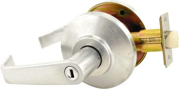 Stanley - Grade 2 Privacy Lever Lockset for 1-3/8 to 2" Thick Doors - 2-3/4" Back Set, No Cylinder, Brass, Satin Chrome Finish - Americas Industrial Supply