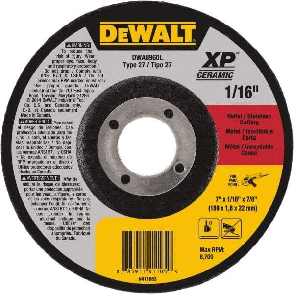 DeWALT - 7" Wheel Diam, 1/16" Wheel Thickness, 7/8" Arbor Hole, Type 27 Depressed Center Wheel - Fine/Coarse Grade, Ceramic, 8,700 Max RPM - Americas Industrial Supply