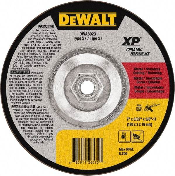 DeWALT - 7" Wheel Diam, 3/32" Wheel Thickness, 5/8" Arbor Hole, Type 27 Depressed Center Wheel - Fine/Coarse Grade, Ceramic, 8,700 Max RPM - Americas Industrial Supply