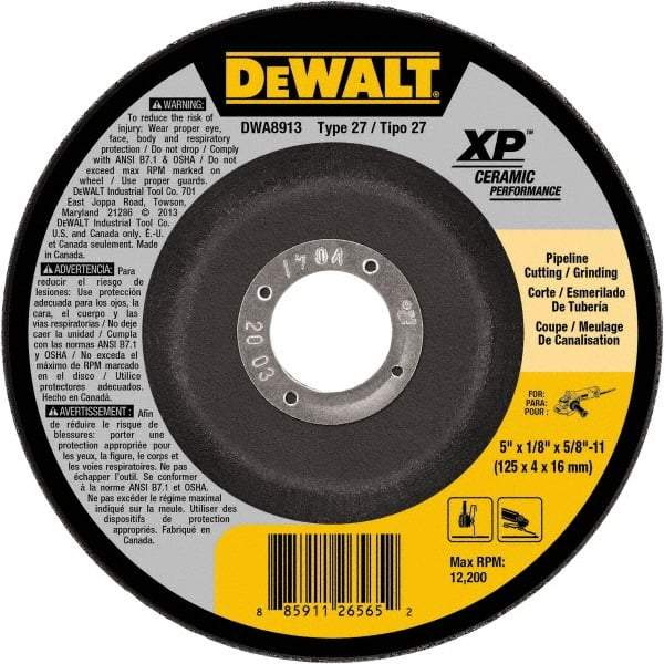 DeWALT - 5" Wheel Diam, 1/8" Wheel Thickness, 5/8" Arbor Hole, Type 27 Depressed Center Wheel - Fine/Coarse Grade, Ceramic, 12,200 Max RPM - Americas Industrial Supply