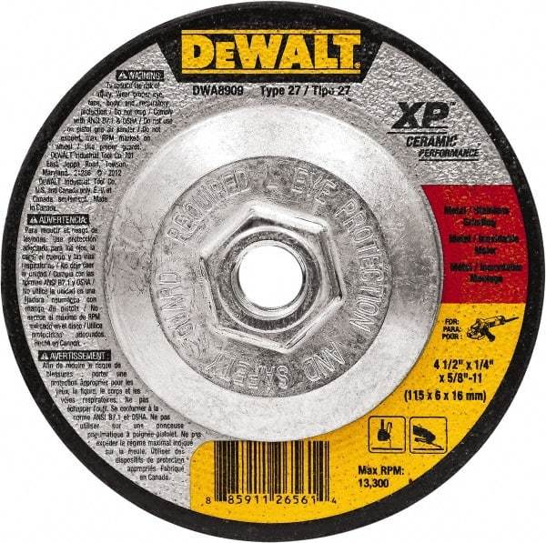 DeWALT - 4-1/2" Wheel Diam, 1/4" Wheel Thickness, 5/8" Arbor Hole, Type 27 Depressed Center Wheel - Fine/Coarse Grade, Ceramic, 13,300 Max RPM - Americas Industrial Supply