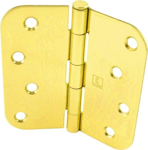 Hager - 4" Wide x 4" High 5/8 Radius Residential Hinge - Round Edge, Steel, Bright Brass Finish - Americas Industrial Supply