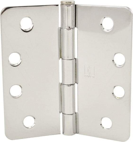 Hager - 4" Wide x 4" High 1/4 Radius Residential Hinge - Round Edge, Steel, Bright Chrome Finish - Americas Industrial Supply