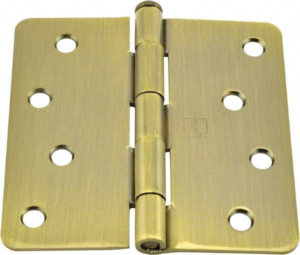 Hager - 4" Wide x 4" High 1/4 Radius Residential Hinge - Round Edge, Steel, Antique Brass Finish - Americas Industrial Supply