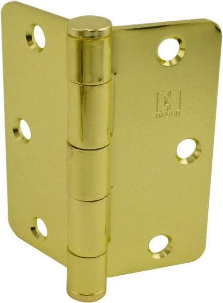 Hager - 3-1/2" Wide x 3-1/2" High Standard Weight Plain Bearing Residential Hinge - Round Edge, Steel, Bright Brass Finish - Americas Industrial Supply