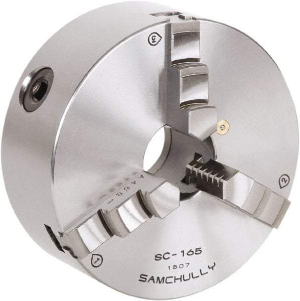 Samchully - 3 Jaw, 85mm Diam, Self Centering Manual Lathe Chuck - Rear Mount, Adjustable, 16mm Through Hole Diam, Forged Steel - Americas Industrial Supply
