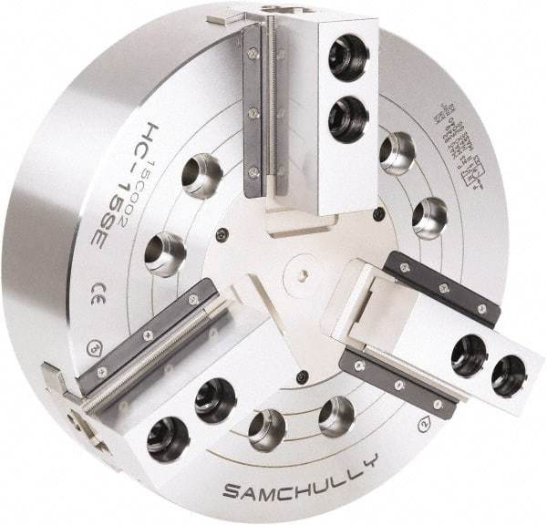Samchully - 3 Jaw, 381mm Chuck Diam, Plain Back Mount, 0mm Through Hole Diam, Drawbar Hydraulic Power Lathe Chuck - 1.5mm x 60° Serrated Jaw Interface, 3,040 RPM, Steel Body - Americas Industrial Supply