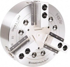 Samchully - 3 Jaw, 450mm Chuck Diam, Plain Back Mount, 0mm Through Hole Diam, Drawbar Hydraulic Power Lathe Chuck - 1.5mm x 60° Serrated Jaw Interface, 2,710 RPM, Steel Body - Americas Industrial Supply
