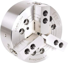 Samchully - 3 Jaw, 165mm Chuck Diam, Plain Back Mount, 0mm Through Hole Diam, Drawbar Hydraulic Power Lathe Chuck - 1.5mm x 60° Serrated Jaw Interface, 5,270 RPM, Steel Body - Americas Industrial Supply