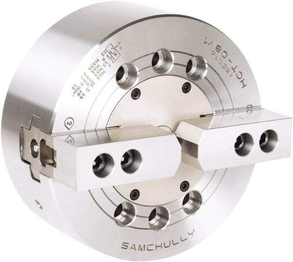 Samchully - 2 Jaw, 254mm Chuck Diam, Plain Back Mount, 0mm Through Hole Diam, Drawbar Hydraulic Power Lathe Chuck - 1.5mm x 60° Serrated Jaw Interface, 3,500 RPM, Steel Body - Americas Industrial Supply