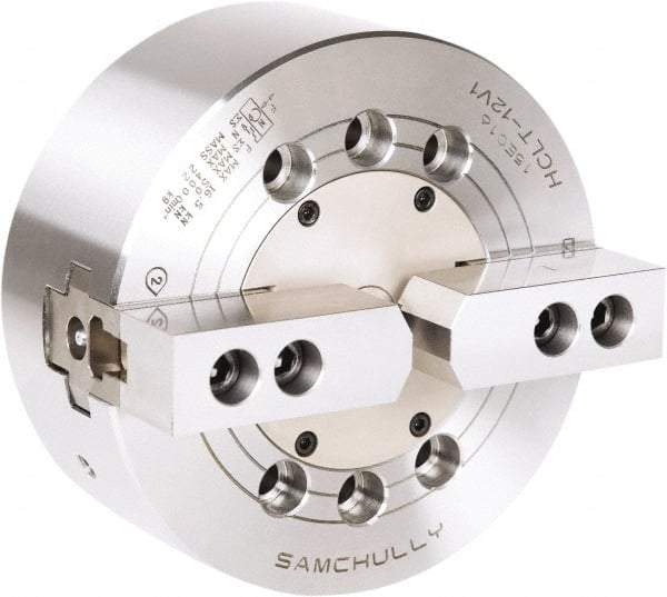 Samchully - 2 Jaw, 254mm Chuck Diam, Plain Back Mount, 0mm Through Hole Diam, Drawbar Hydraulic Power Lathe Chuck - 1.5mm x 60° Serrated Jaw Interface, 3,100 RPM, Steel Body - Americas Industrial Supply