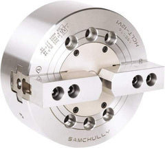 Samchully - 2 Jaw, 165mm Chuck Diam, Plain Back Mount, 0mm Through Hole Diam, Drawbar Hydraulic Power Lathe Chuck - 1.5mm x 60° Serrated Jaw Interface, 4,300 RPM, Steel Body - Americas Industrial Supply