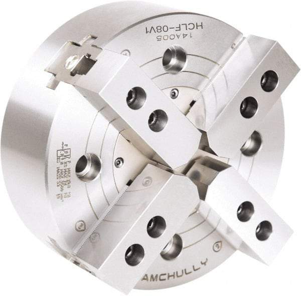 Samchully - 4 Jaw, 304mm Chuck Diam, Plain Back Mount, 0mm Through Hole Diam, Drawbar Hydraulic Power Lathe Chuck - 1.5mm x 60° Serrated Jaw Interface, 2,500 RPM, Steel Body - Americas Industrial Supply