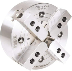 Samchully - 4 Jaw, 210mm Chuck Diam, Plain Back Mount, 0mm Through Hole Diam, Drawbar Hydraulic Power Lathe Chuck - 1.5mm x 60° Serrated Jaw Interface, 3,600 RPM, Steel Body - Americas Industrial Supply