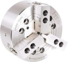 Samchully - 3 Jaw, 304mm Chuck Diam, Plain Back Mount, 0mm Through Hole Diam, Drawbar Hydraulic Power Lathe Chuck - 1.5mm x 60° Serrated Jaw Interface, 2,500 RPM, Steel Body - Americas Industrial Supply