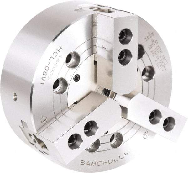 Samchully - 3 Jaw, 254mm Chuck Diam, Plain Back Mount, 0mm Through Hole Diam, Drawbar Hydraulic Power Lathe Chuck - 1.5mm x 60° Serrated Jaw Interface, 3,100 RPM, Steel Body - Americas Industrial Supply