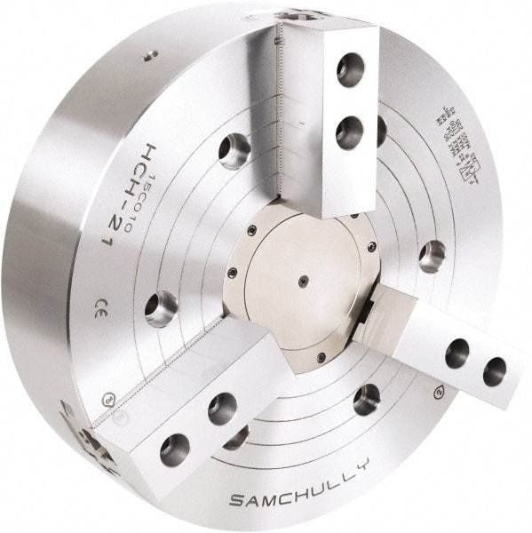 Samchully - 3 Jaw, 530mm Chuck Diam, Plain Back Mount, 140mm Through Hole Diam, Drawtube Hydraulic Power Lathe Chuck - 3mm x 60° Serrated Jaw Interface, 1,700 RPM, Steel Body - Americas Industrial Supply