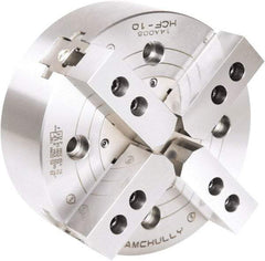 Samchully - 4 Jaw, 381mm Chuck Diam, Plain Back Mount, 0mm Through Hole Diam, Drawbar Hydraulic Power Lathe Chuck - 1.5mm x 60° Serrated Jaw Interface, 3,040 RPM, Steel Body - Americas Industrial Supply