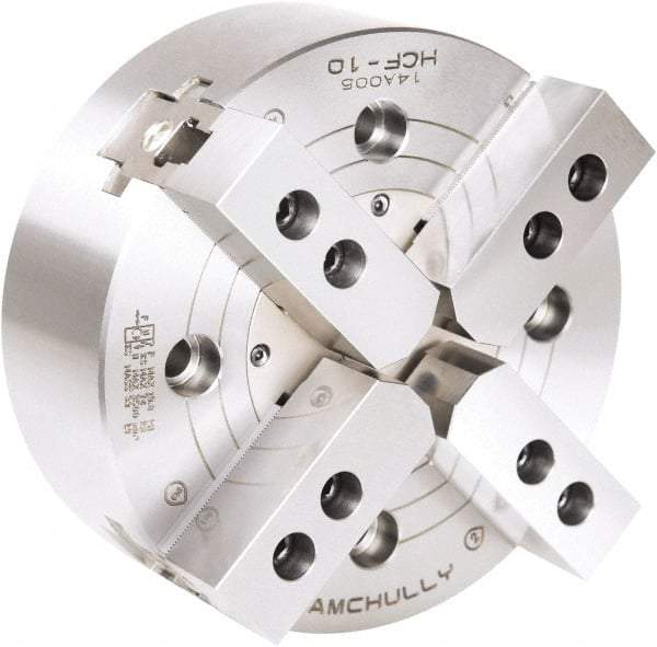 Samchully - 4 Jaw, 530mm Chuck Diam, Plain Back Mount, 0mm Through Hole Diam, Drawbar Hydraulic Power Lathe Chuck - 3mm x 60° Serrated Jaw Interface, 1,700 RPM, Steel Body - Americas Industrial Supply