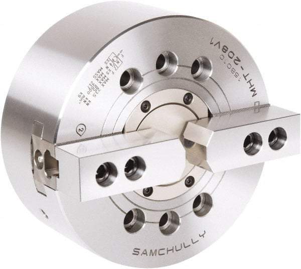 Samchully - 2 Jaw, 175mm Chuck Diam, Plain Back Mount, 52mm Through Hole Diam, Drawtube Hydraulic Power Lathe Chuck - 1.5mm x 60° Serrated Jaw Interface, 6,000 RPM, Steel Body - Americas Industrial Supply